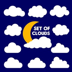 Fototapeta premium Set of cartoon clouds and sun isolated on blue background. Vector illustration. Sunny day with clouds vector collection. Cloudscape in blue sky, white cloud illustration. Cloud icon on blue sky.