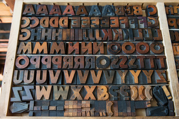 Wooden font type set arranged alphabetically