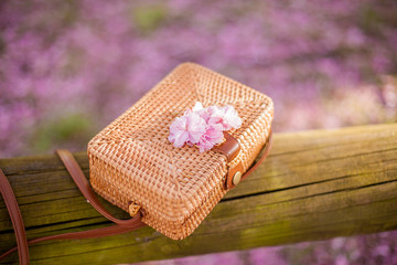 Wicker bag lies on a tree in a flowered garden. Sakura.