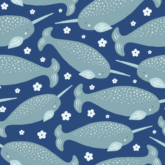 Obraz premium Sweet narwhal and floral seamless repeat pattern in grey and blue. Vector ocean life background design ideal for children.