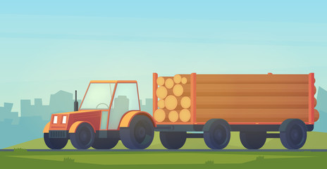 Logging tractor on road. Tractor with trailer for transportation of raw wood and timber products. Foresty industry.