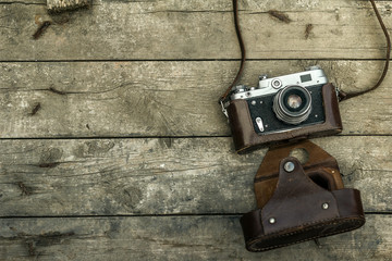Old photographic equipment, can be used as a background, web banner with space for text