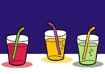 Three goblets, drinks, vector illustration. Three glasses with fruity drinks, several kinds of lemonade.