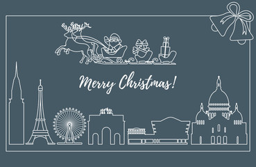 Naklejka premium Santa Claus in sleigh flying over buildings.