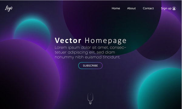 Purple web homepage template with buttons and blurred 3d balls.