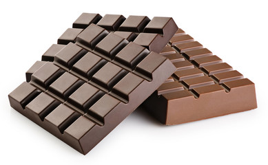 Milk and dark chocolate bars isolated on white background.