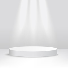 White stage platform lit from above, competition podium for award ceremony or product display