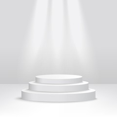 hite podium for competition winner award, three step staircase pyramid from cylinder platforms