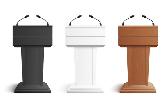 Stage stand or debate podium rostrum with microphones vector illustration isolated on white.