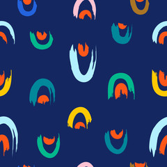 Hand drawn brush strokes seamless pattern. Abstract hand painted brush smear repeat texture in colored on dark blue background.