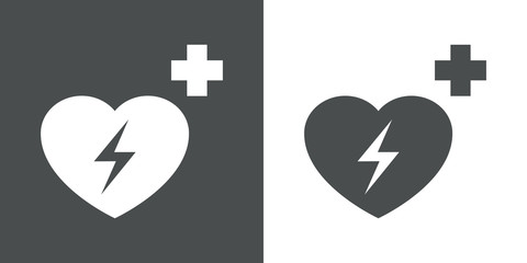 Icono plano símbolo desfibrilador en gris y blanco