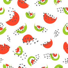 Fototapeta premium Seamless pattern with watermelon and seeds on white background. Vector