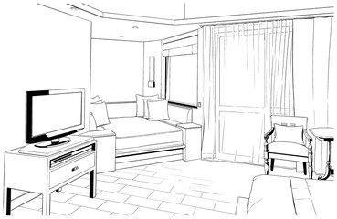 漫画風ペン画イラスト　リゾートホテル