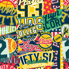 Vintage college sporting labels patchwork  abstract vector seamless pattern - obrazy, fototapety, plakaty