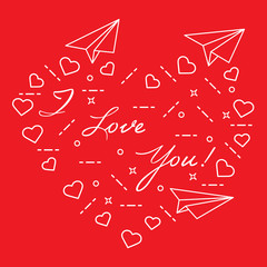 Paper airplane, hearts. Valentine's Day.