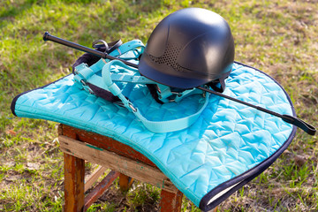 Equipment for horse riding outdoors: bridle, whip, helmet, bandages