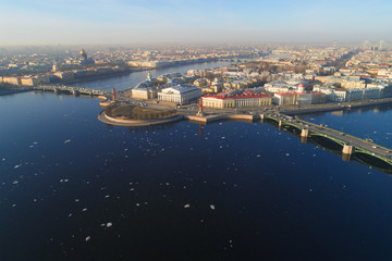 Fototapeta na wymiar Panorama of the Spit of Vasilievsky Island on a sunny April morning (aerial photography). Saint-Petersburg, Russia