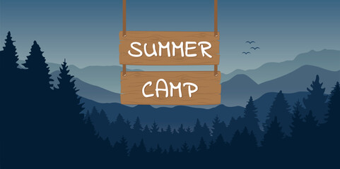 wooden sign with summer camp typography at blue mountain and forest landscape vector illustration EPS10