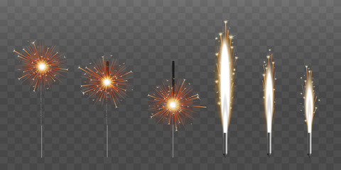 Firework fountain of sparks or pyrotechnic candle vector illustration set isolated.