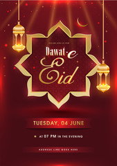 Fototapeta na wymiar Dawat-E-Eid invitation card design with hanging illuminated lanterns on shiny red background with event details.