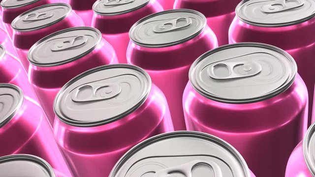 Looping 60 fps 3D animation of the pink aluminum soda cans in UHD