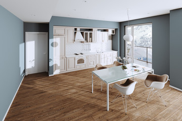 Beautiful Classic Kitchen in new Luxury Home with  Hardwood Floors, and Stainless Steel Appliances 3d render