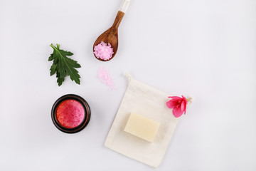 Flatlay with cosmetics without plastic natural and use e in everyday life