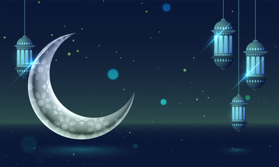 Obraz na płótnie Canvas Geometrical floral decorative shining moon and lantern on night view background for Ramadan Kareem header banner or poster design.