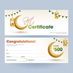 Front and back view of Islamic Festival Gift certificate with best discount offer and golden crescent moon, hanging lanterns.