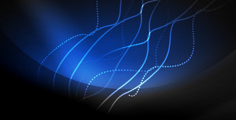 Glowing abstract wave on dark, shiny motion, magic space light. Techno abstract background