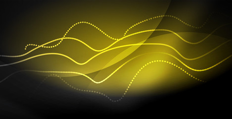 Glowing abstract wave on dark, shiny motion, magic space light. Techno abstract background
