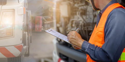 Preforming a pre-trip inspection on a truck,Concept preventive maintenance truck checklist,Check...