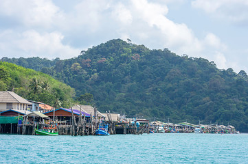 Fishing boats parked in the summer sea  at Koh Kood, Trat in Thailand.