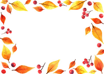 Autumn leaves and red berries watercolor hand painting frame for decoration.