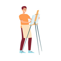 Man in apron standing near easel and painting on canvas cartoon style