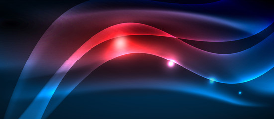 Glowing abstract wave on dark, shiny motion, magic space light. Techno abstract background