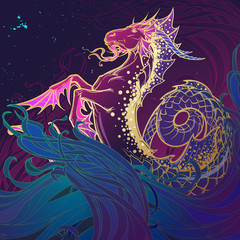 Zodiac sign Capricorn. Fantastic sea creature with body of a goat and a fish tail. Ocean waves and a starry nightsky background. Vintage art nouveau style concept art for horoscope or tattoo.