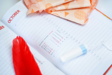 Menstruation. Pads liners, tampons and calendar with red days on a white background