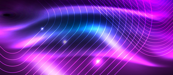 Neon glowing techno lines, hi-tech futuristic abstract background template with square shapes