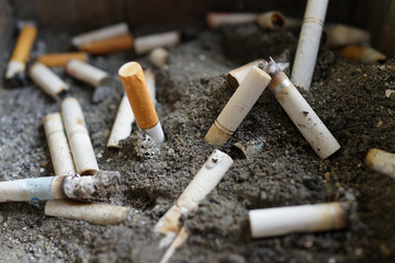 Many dirty cigarette butts on sand closeup
