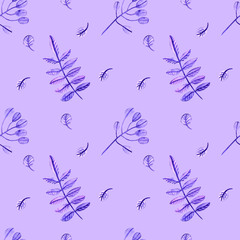 Watercolor pattern with watercolor feathers and flowers on a white background. Well suited for printing on fabrics. Colors lilac and blue