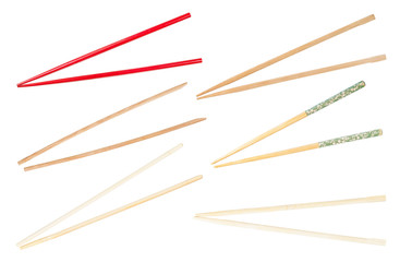 set of various wooden chopsticks isolated on white