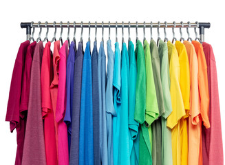 Mobile rack with color clothes, isolated on white background, close up view. File contains a path to isolation.