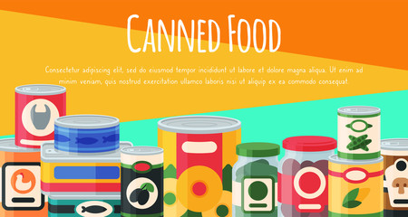 Canned food poster vector illustration. Vegetable product tinned container metal packaging. Soup conserve package can. Healthy goods grocery meal. Canning tinned steel lid shop vegetarian.