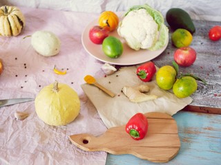 Vegetables, spices, fruits for cooking healthy food, on the table, top view, summer, autumn, seasonal food