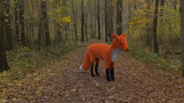 Toy red fox in the forest 3d illustration