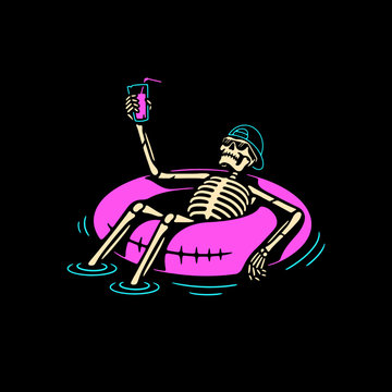 SKELETON IN CAP CHILLING WITH COCKTAIL AND SWIM RING COLOR BLACK BACKGROUND