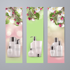 Set of realistic green glass bottles eco cosmetic