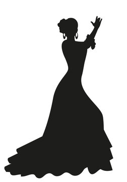 Silhouette of Spanish Flamenco dancer woman dancing isolated on white background