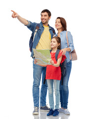 Obraz premium family, tourism and travel concept - happy smiling mother, father and little daughter with map and backpacks over white background